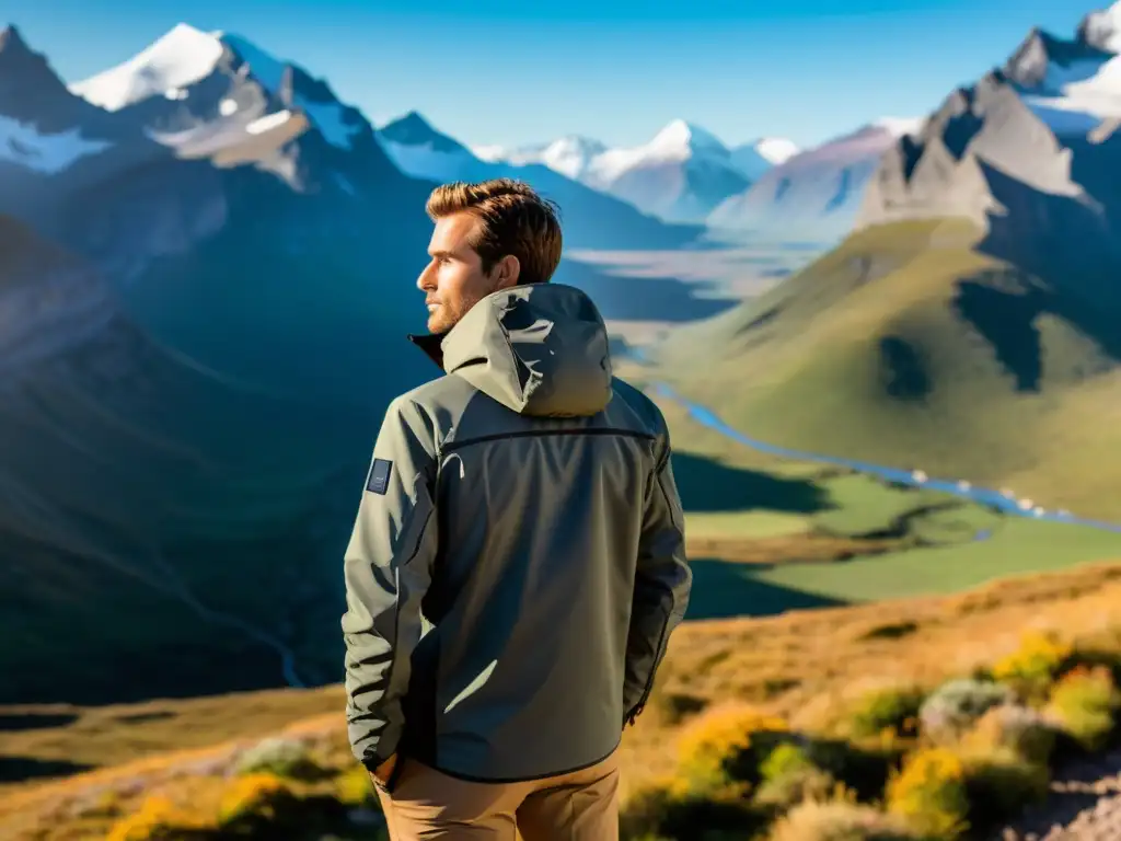 Viajero explorando montañas con chaqueta wearable de alta tecnología