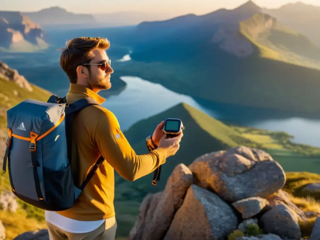 Un viajero contempla un paisaje de montaña al atardecer, con un reloj solar y panel cargador