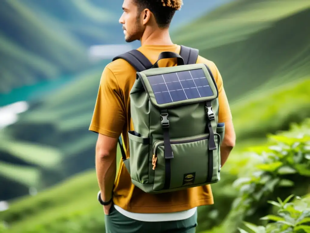 Un viajero explora un paisaje exuberante con una mochila sostenible hecha de materiales reciclados y detalles ecofriendly