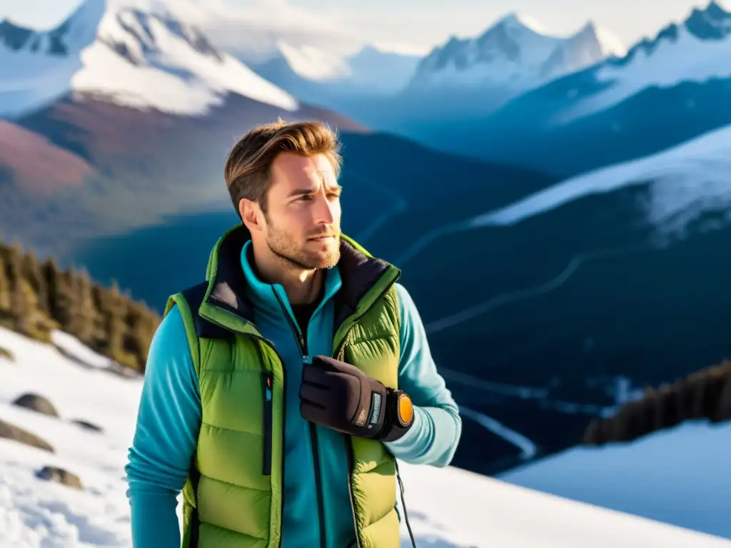 Un viajero disfruta del paisaje nevado con accesorios calefactables para clima frío, transmitiendo calidez y aventura