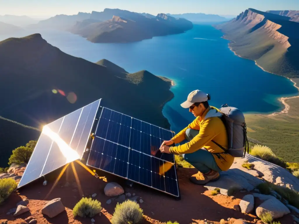 Un viajero instala paneles solares portátiles en una montaña remota y soleada, capturando la energía del sol en armonía con la naturaleza