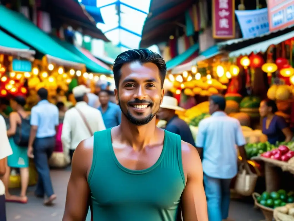 Un viajero con cámara personal documenta un bullicioso mercado en una ciudad extranjera