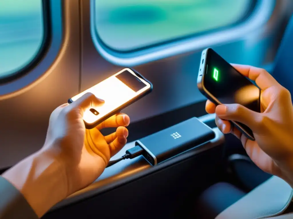 Un viajero conecta un power bank a su smartphone en el tren, con soluciones de almacenamiento de energía para equipos de viaje