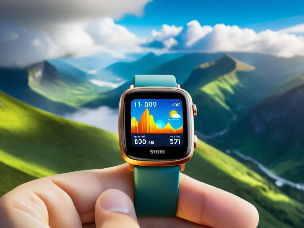 Un viajero consultando el pronóstico del tiempo en un smartwatch con diseño moderno, frente a un paisaje diverso