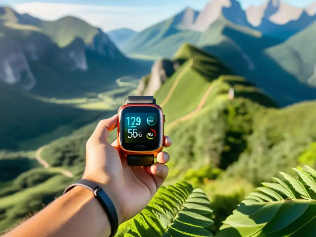 Un viajero lleva puestos su rastreador de actividad física y su reloj inteligente mientras camina por un sendero de montaña