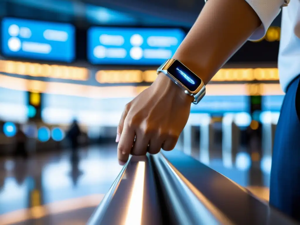 Un viajero luce una pulsera inteligente de alta tecnología en un bullicioso aeropuerto