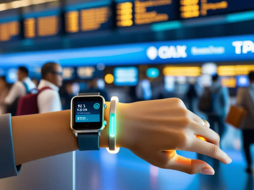 Un viajero muestra su pulsera inteligente con tecnología de pago integrada, en un aeropuerto moderno