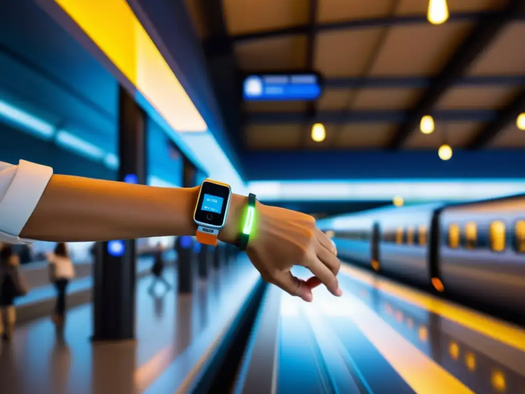 Un viajero hábil usa su pulsera para pagar el transporte en una estación bulliciosa