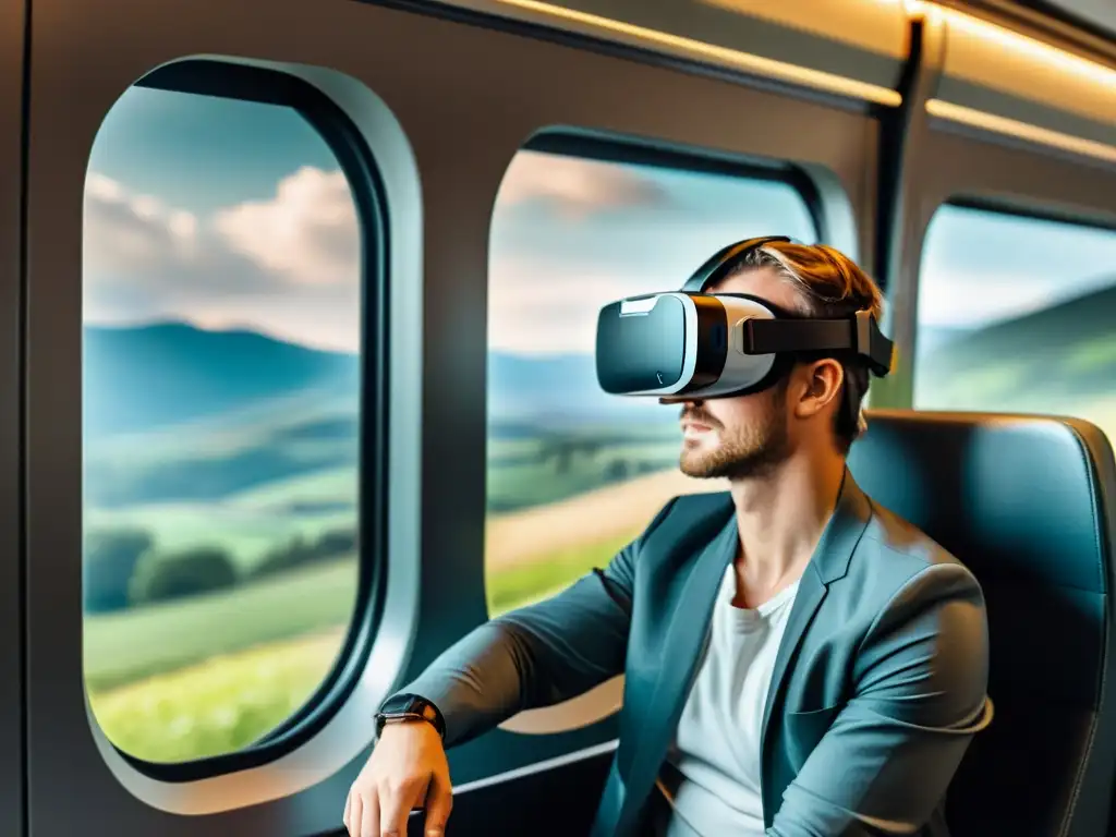 Un viajero experimenta realidad virtual en un tren, reflejando innovaciones tecnológicas en transportes