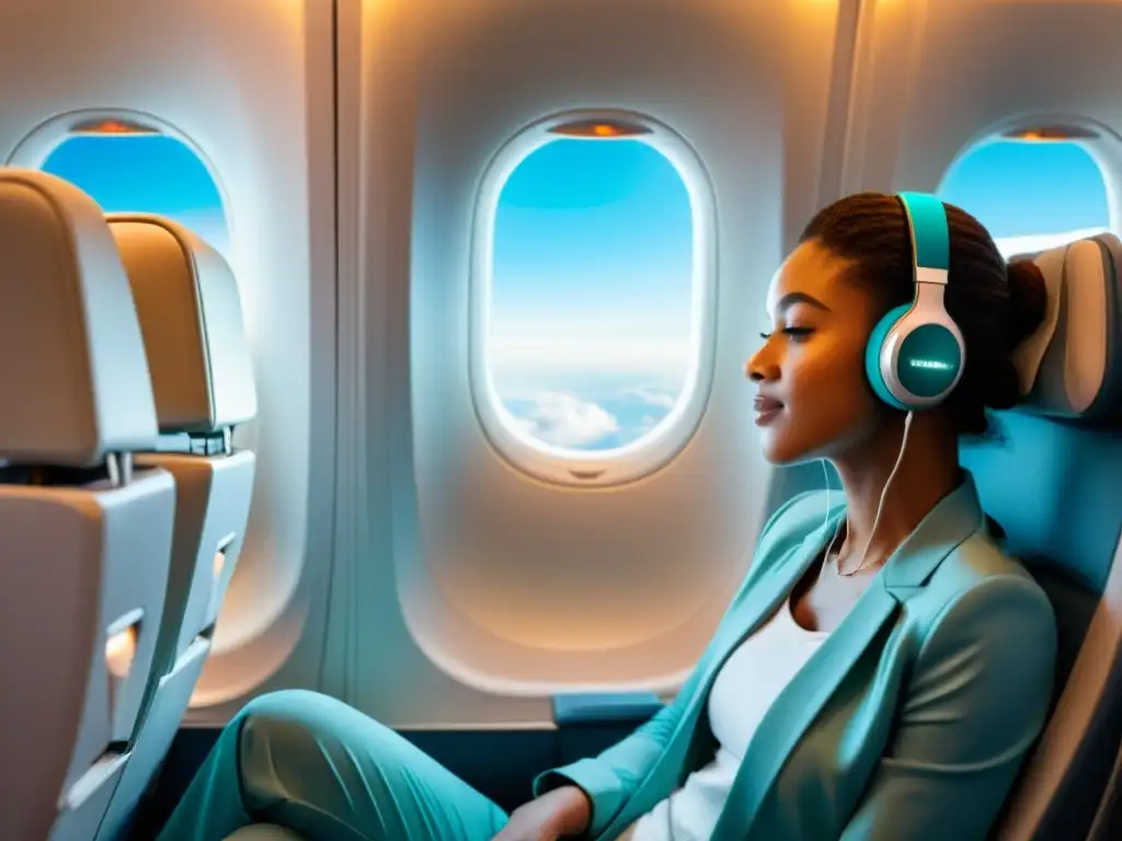 Un viajero relajado disfruta de auriculares inalámbricos para viajes, con luz natural y comodidad en la cabina del avión