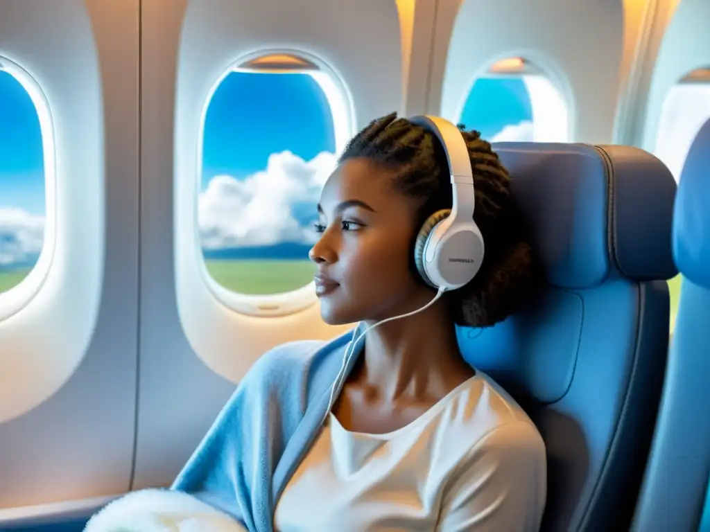 Un viajero relajado en avión con gadgets para controlar temperatura en viajes, disfrutando de comodidad y tranquilidad en vuelo