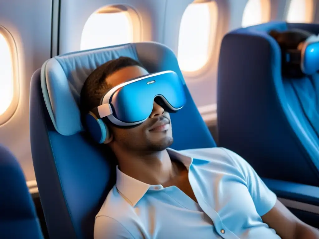 Viajero relajado con dispositivos wearables para mejorar el descanso en avión