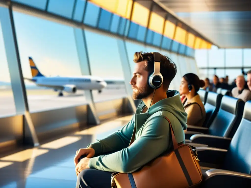 Un viajero relajado en medio del bullicio del aeropuerto, con auriculares y ojos cerrados, contrastando con la prisa de otros viajeros