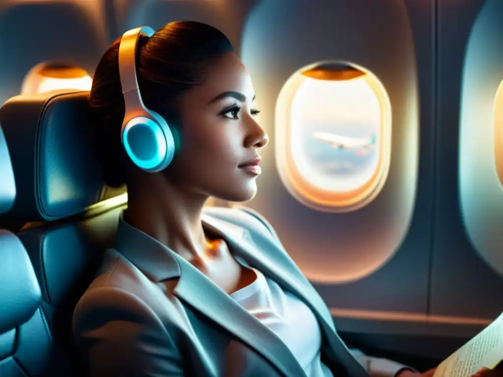 Viaje tranquilo: viajero relajado con auriculares de alta tecnología Un viajero relajado disfruta de los mejores tapones de oído tecnológicos en su asiento de avión, rodeado de luz suave y confort moderno