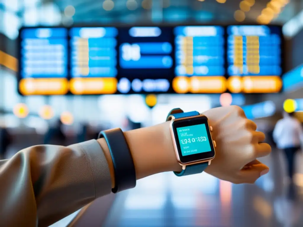 Un viajero con un reloj inteligente en un bullicioso aeropuerto, mostrando múltiples zonas horarias