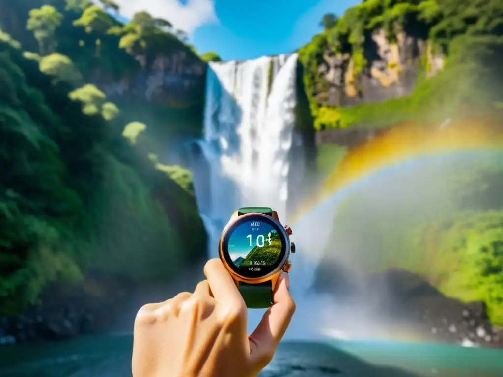 Aventura en la cascada: smartwatch moderno Un viajero con un reloj inteligente moderno frente a una majestuosa cascada