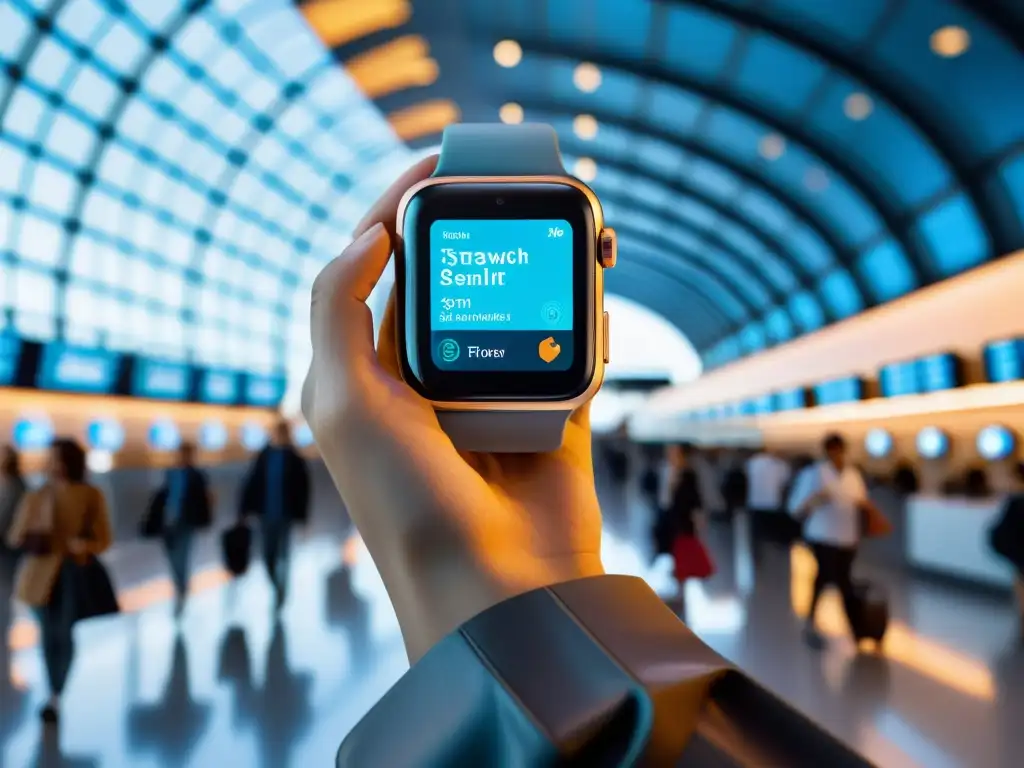 Un viajero usa un reloj inteligente de voz en un aeropuerto moderno