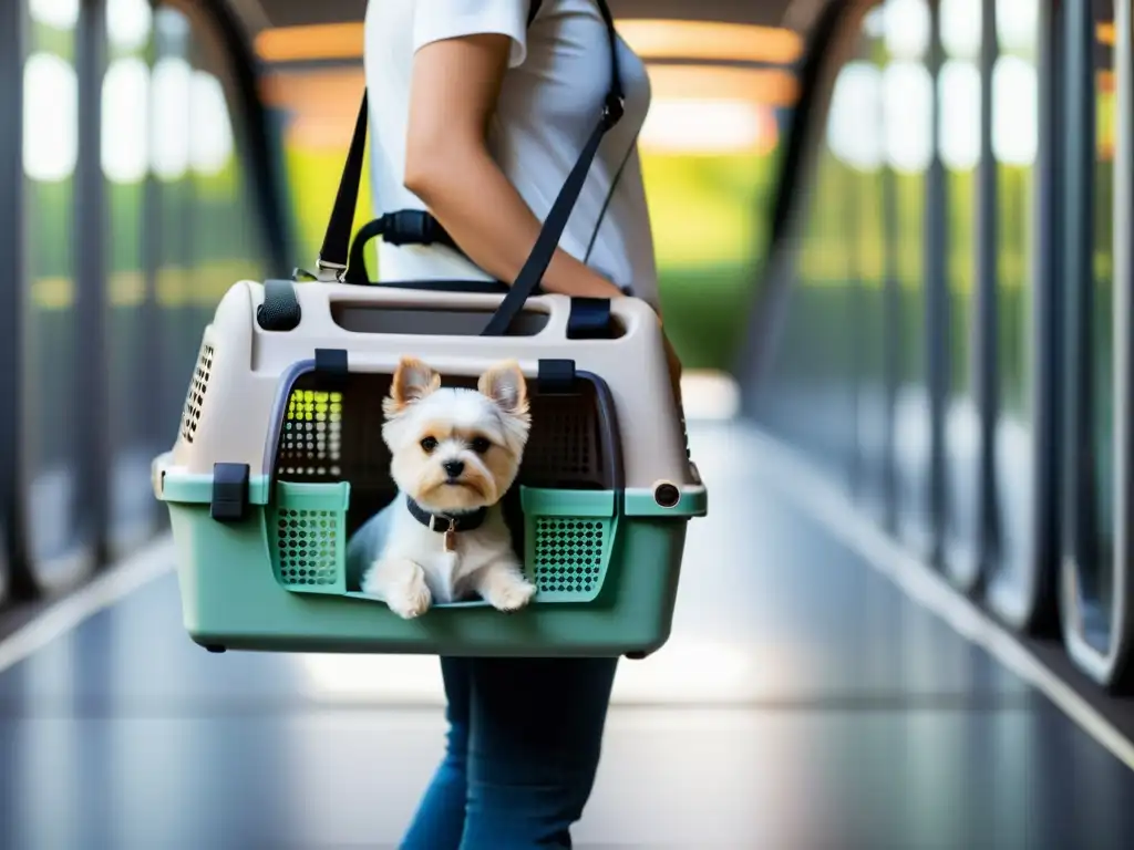 Un viajero responsable cuida a su perro en un moderno transportín con accesorios seguros para viajar con mascotas, en un ajetreado entorno de viaje