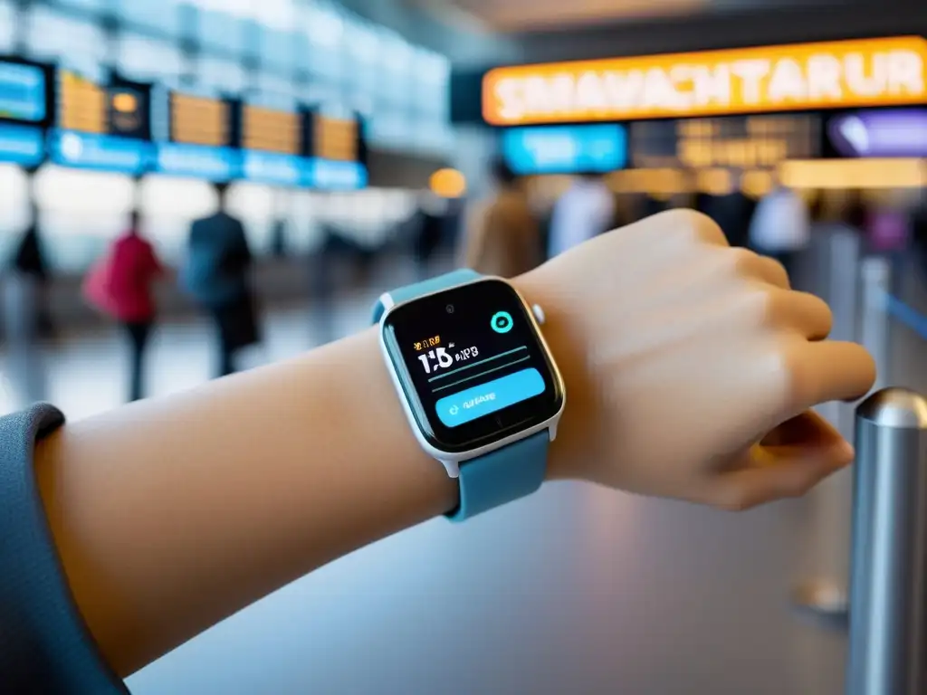 Viajero revisando la salud en un aeropuerto con su smartwatch, destacando la utilidad de wearables para monitorizar salud en tránsito