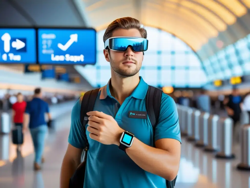 Un viajero seguro navega un aeropuerto usando gadgets wearables para viajero seguro, mientras la tecnología se integra en la seguridad del viaje