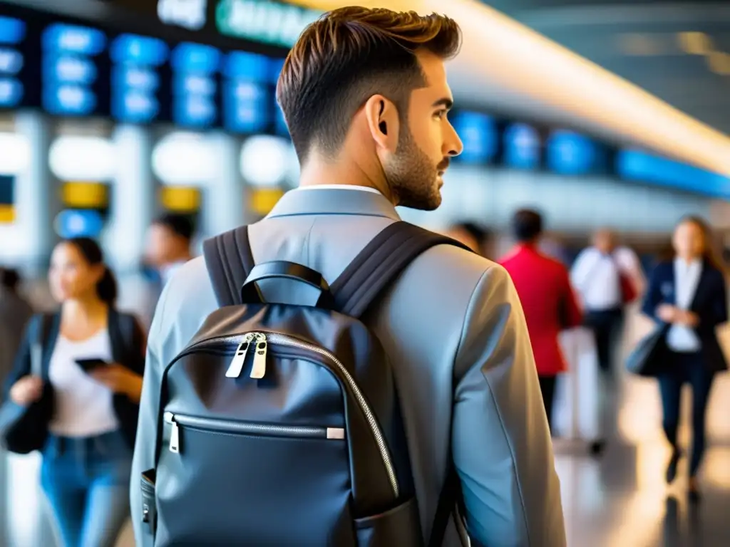 Un viajero seguro navega el aeropuerto con una mochila antirrobo ultramoderna