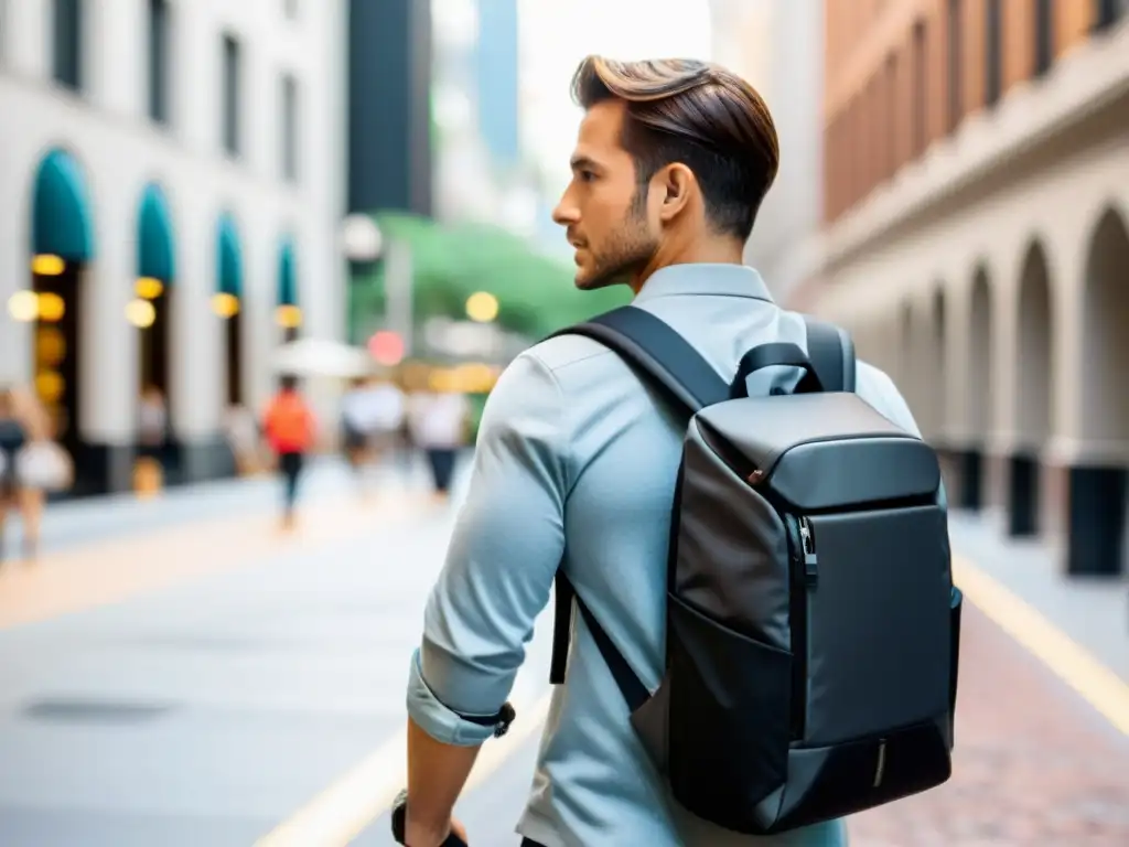 Un viajero seguro recorre la ciudad con su mochila antirrobo, con gadgets anti robo para viajeros, irradiando confianza y practicidad urbana