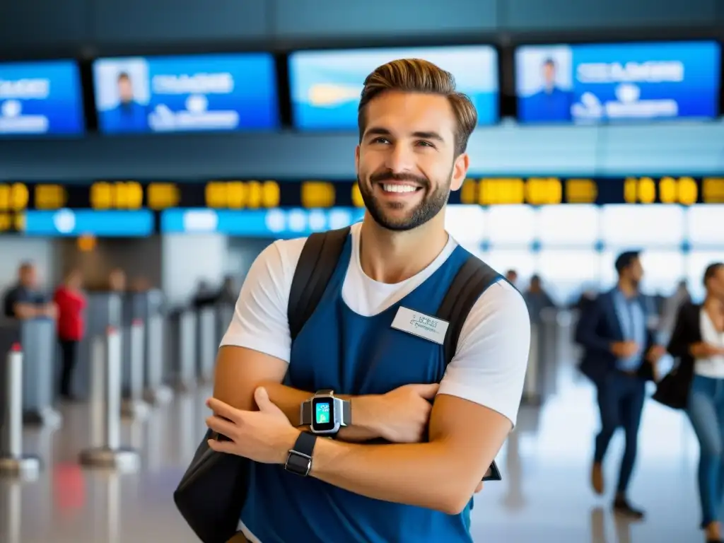 Viajero seguro en fila de seguridad del aeropuerto con gadgets wearables para viajero seguro, mostrando emoción y determinación