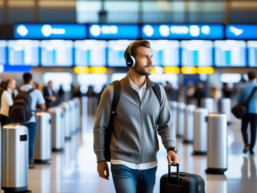 Un viajero seguro en la fila de seguridad del aeropuerto, con un elegante gadget wearable que se integra perfectamente en su atuendo