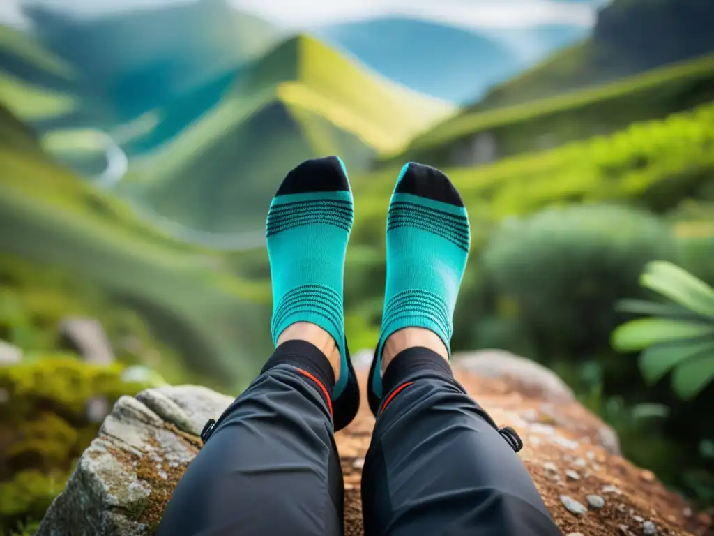 Un viajero seguro camina por un sendero con calcetines inteligentes para viajeros, mientras los sensores miden pasos y calorías con precisión