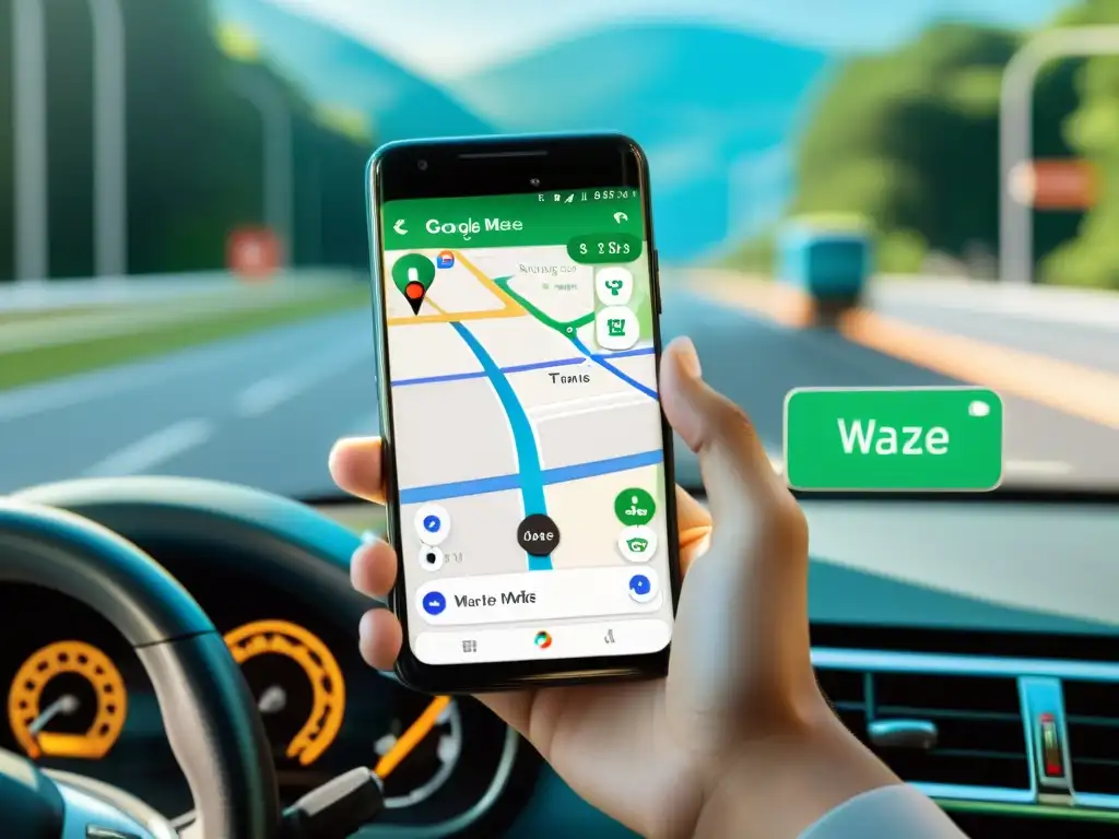 Un viajero utiliza Waze y Google Maps en su smartphone para comparar rutas y llegar a su destino