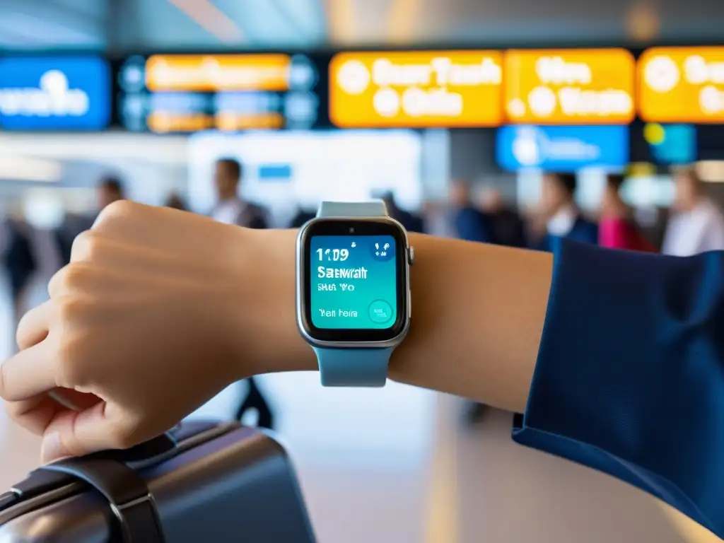 Un viajero usando un smartwatch en un aeropuerto con datos de salud y notificaciones de vuelo