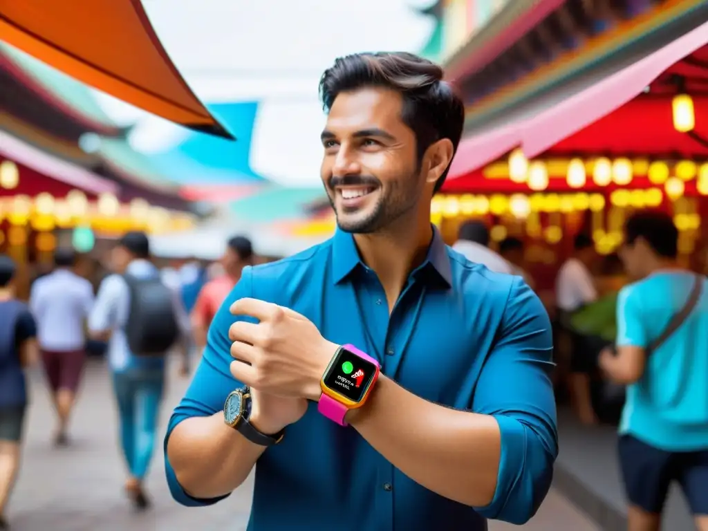 Un viajero usa un smartwatch futurista para comunicarse sin esfuerzo en un mercado extranjero