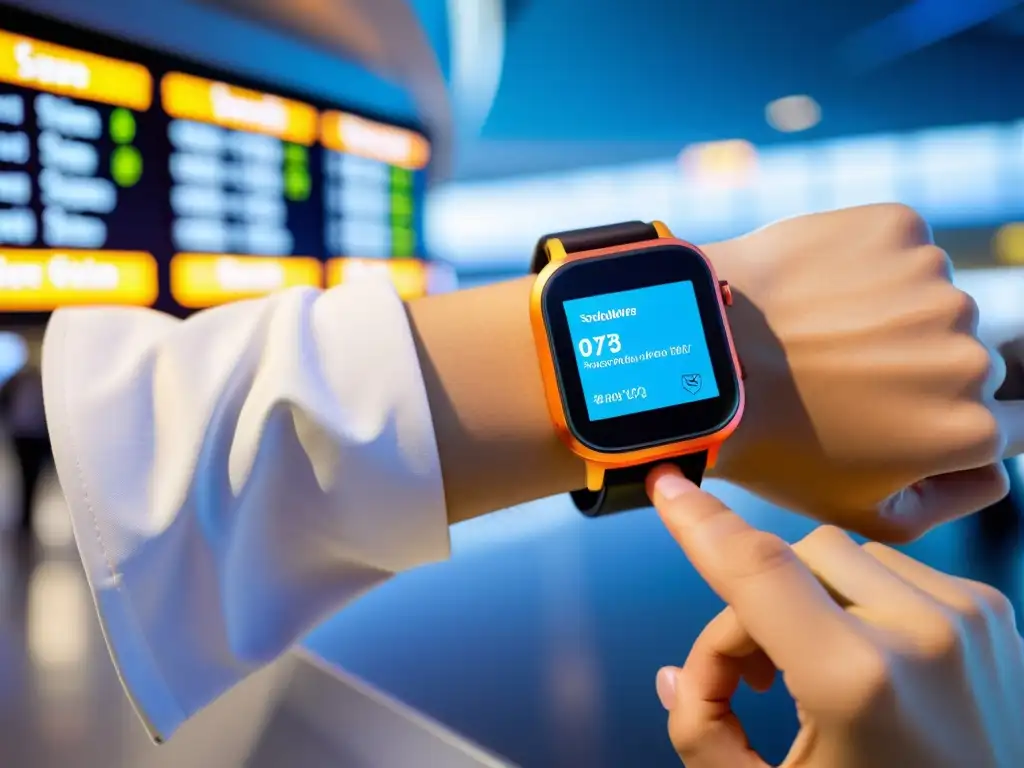 Viajero moderno con smartwatch en aeropuerto Un viajero con un smartwatch vibrante, navegando un aeropuerto moderno con dispositivos wearables para viajes