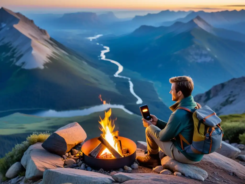 Viajero solitario en la cima de la montaña, conectado con gadgets tecnológicos para viajeros solitarios, disfrutando de la tranquilidad junto al fuego