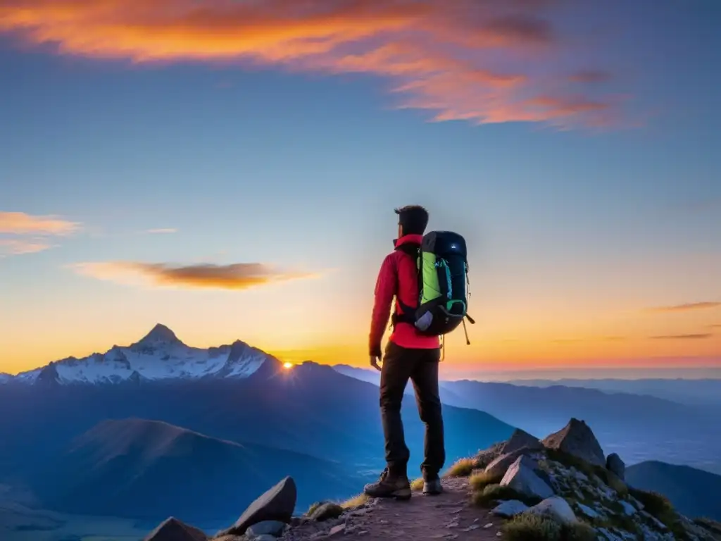 Un viajero solitario en la cima de una montaña al amanecer, con un avanzado GPS