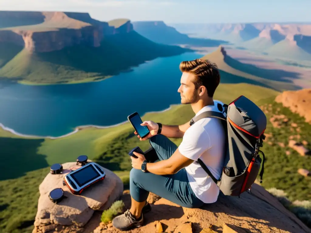 Un viajero solitario utiliza gadgets tecnológicos para capturar la esencia de la aventura en un paisaje impresionante