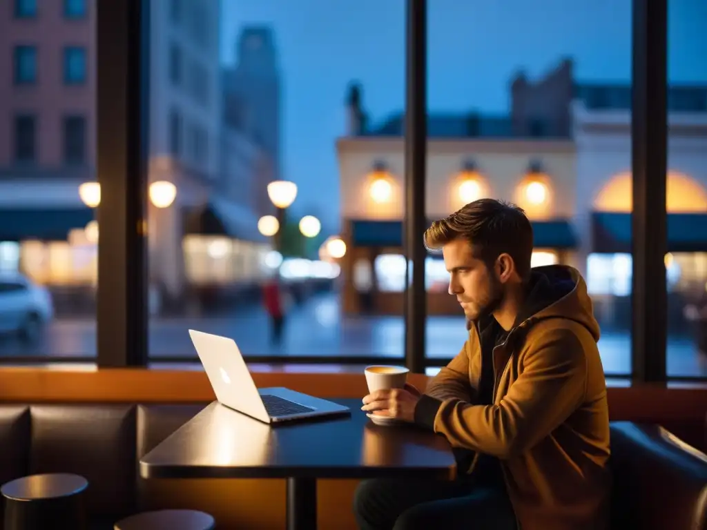 Un viajero solitario disfruta de su laptop en una café, con la ciudad borrosa de fondo