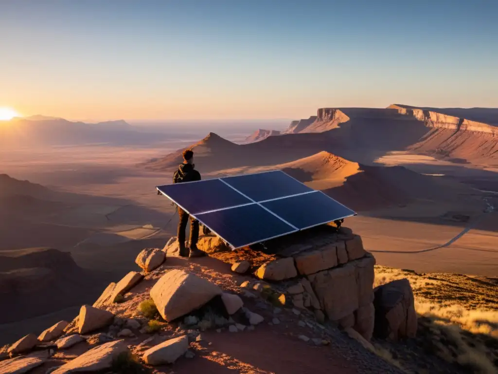 Un viajero solitario contempla un paisaje remoto, con gadgets tecnológicos para viajeros solitarios