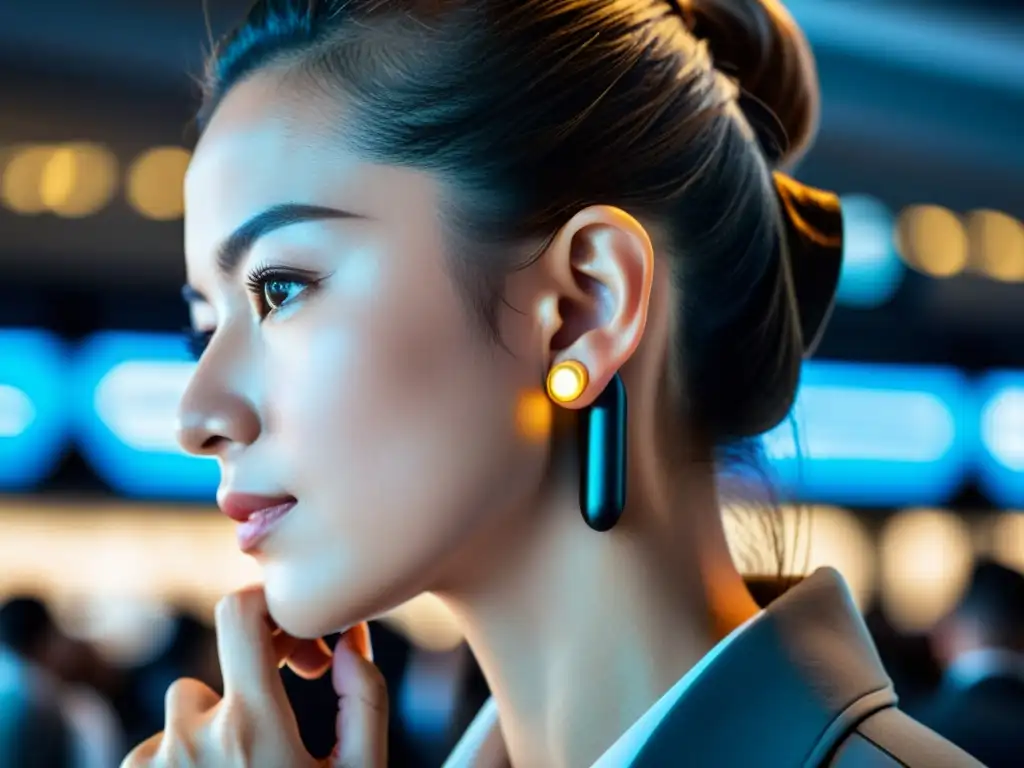 Viajero moderno disfruta de comodidad con auriculares tecnológicos Un viajero inserta un tapón de oído tecnológico de diseño futurista en su oído en un bullicioso aeropuerto