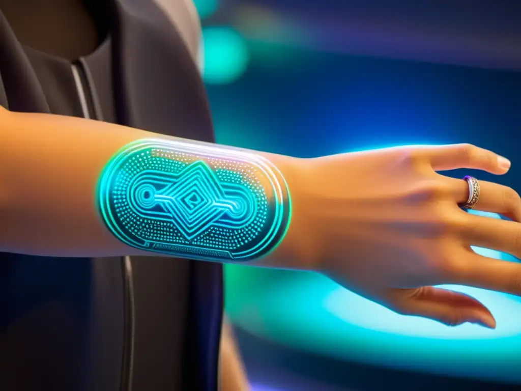 Un viajero interactúa con un tatuaje electrónico que emite un brillo futurista, controlando su viaje