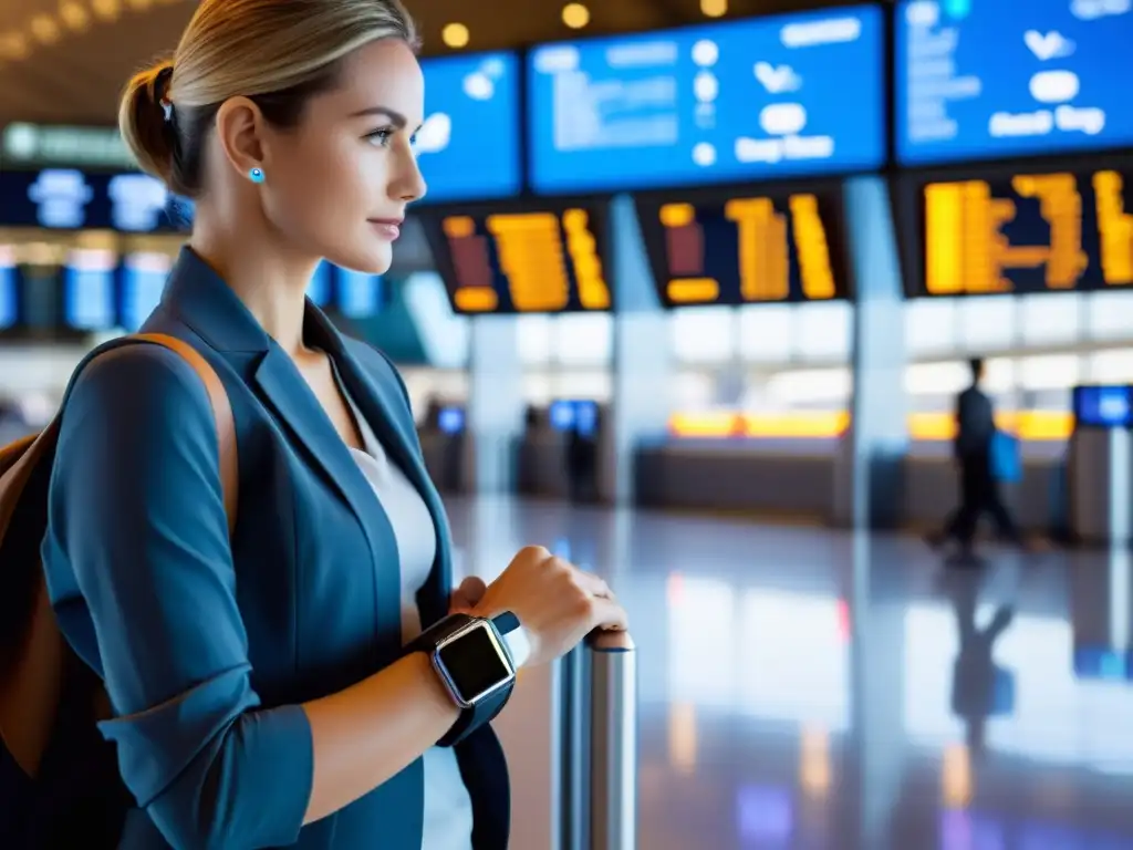 Un viajero tranquilo en un aeropuerto, usando un dispositivo wearable futurista que monitorea su salud en tránsito