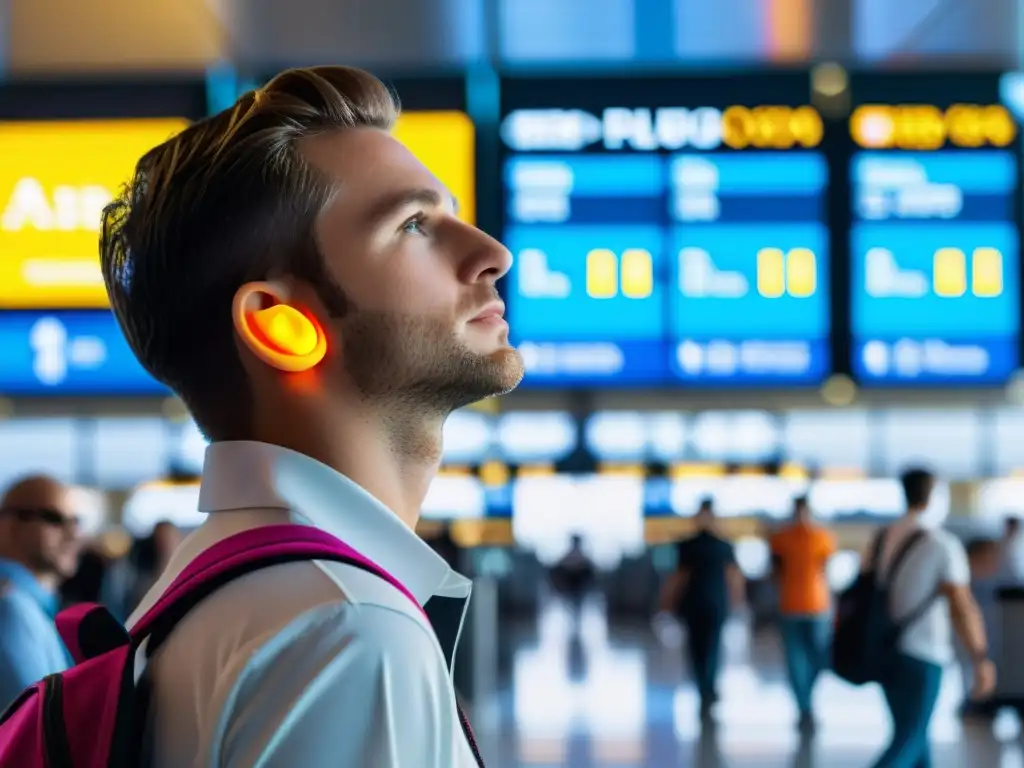 Earplugs tecnológicos para viajeros: tranquilidad en el caos Un viajero tranquilo en el bullicioso aeropuerto con los mejores tapones de oído tecnológicos