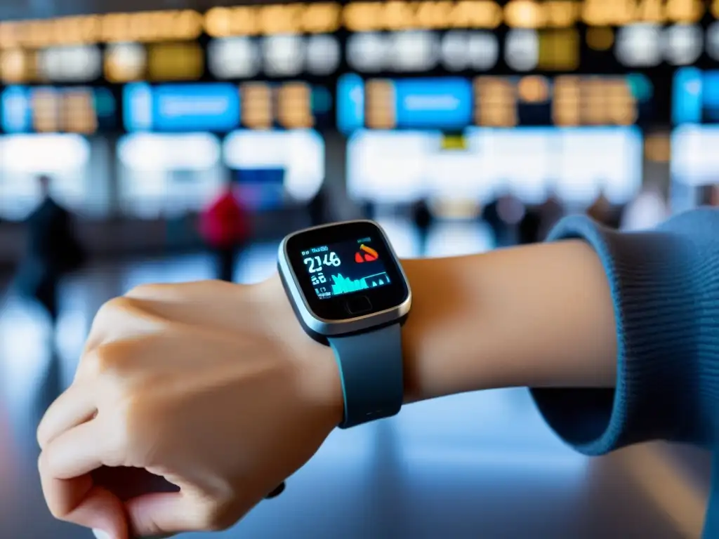 Un viajero tranquilo en un bullicioso aeropuerto usando un wearable para monitorizar salud en tránsito