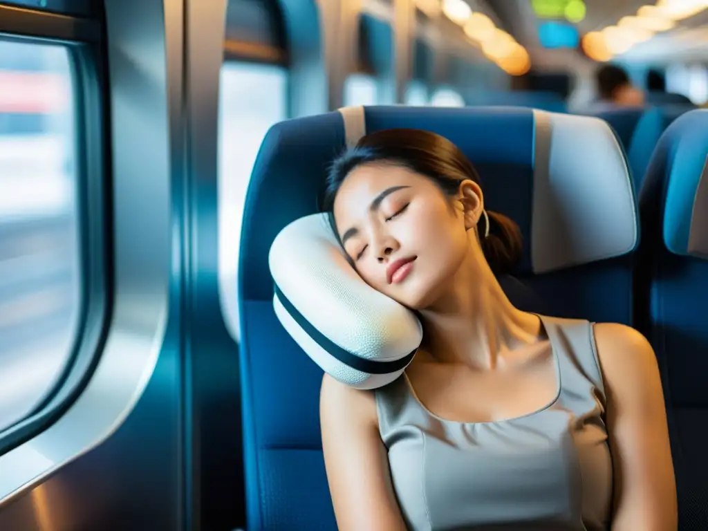 Un viajero descansando plácidamente en un tren, con una almohada de tecnologías en almohadas para dormir que le brinda comodidad y frescura