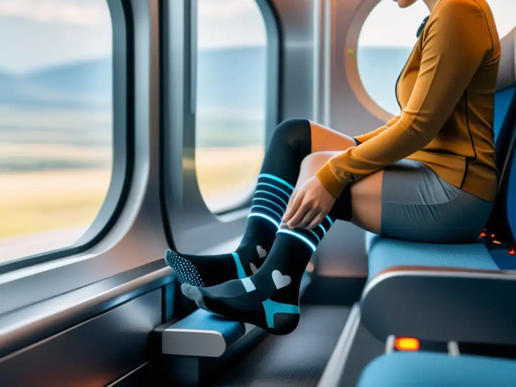 Un viajero en tren con calcetines inteligentes para viajeros que registran sus pasos, ritmo cardíaco y calorías, disfrutando del viaje