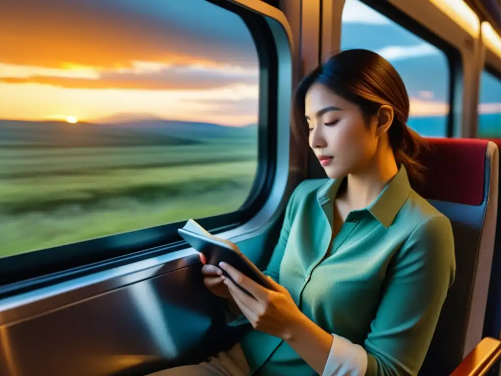 Un viajero se sumerge en un eReader en un tren escénico al atardecer