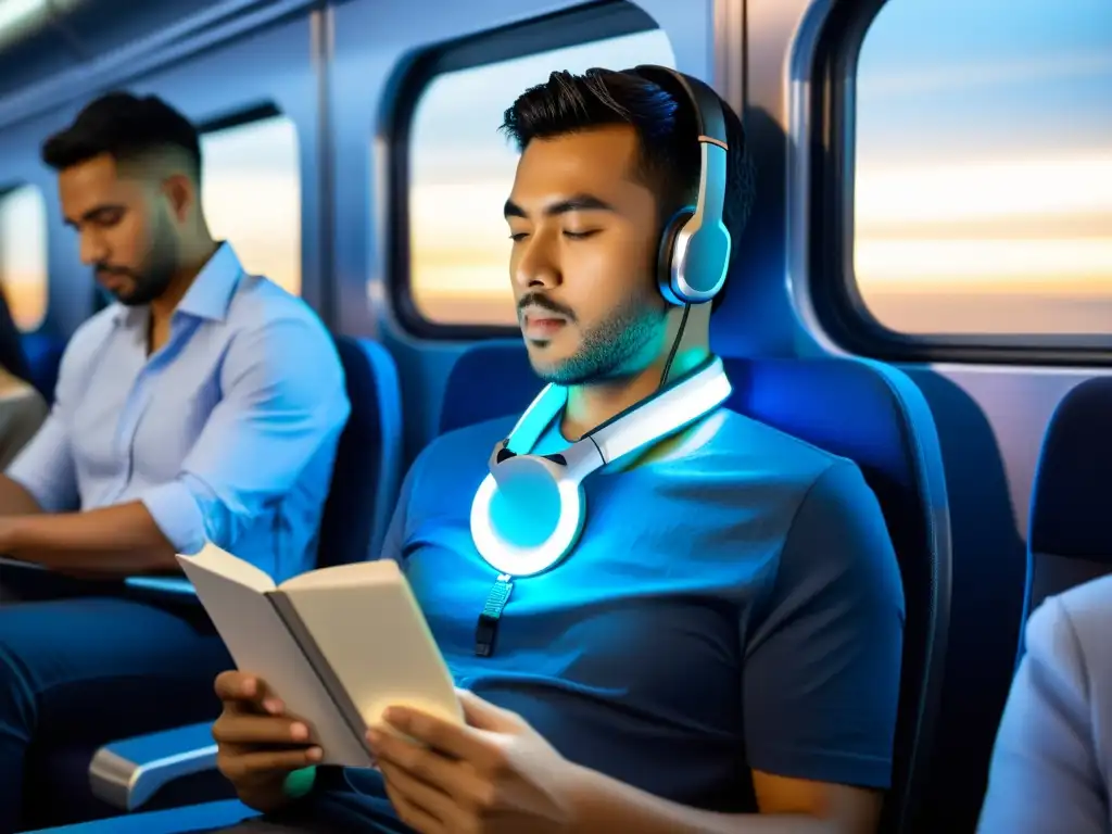 Viajero leyendo en tren con gadget de control de temperatura, rodeado de pasajeros abanicándose