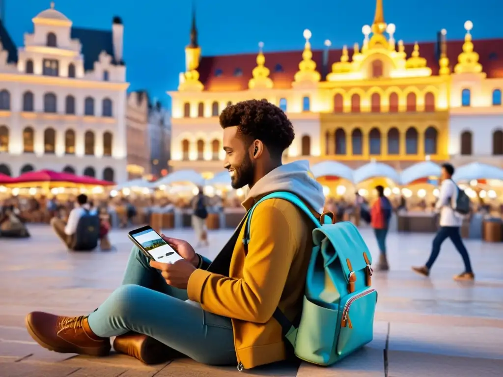 Un viajero documenta su viaje en una bulliciosa plaza de la ciudad, utilizando herramientas digitales para documentar viajes