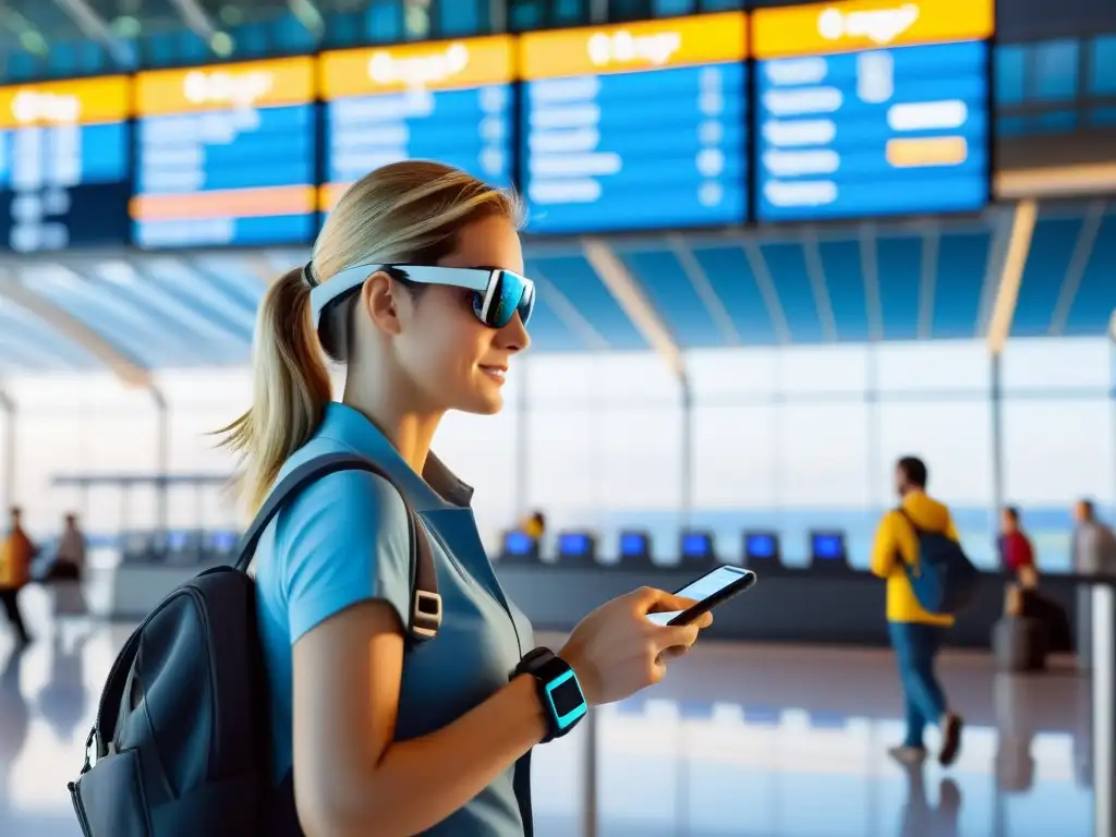 Un viajero usa wearables para viajeros en un bullicioso aeropuerto, aprovechando la tecnología para una experiencia de viaje sin contratiempos