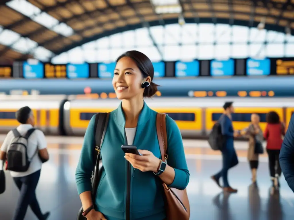 Viajero utilizando wearables inteligentes en estación de tren vibrante, comunicándose con vendedor local